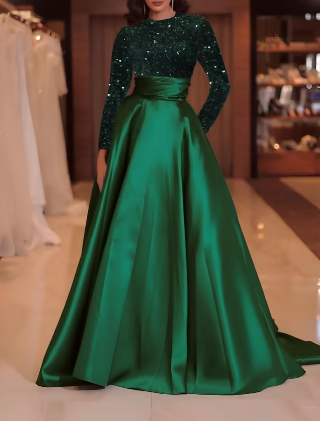 Kingbridal Gowns Long Sleeve Sequin Prom Dresses for Women Satin A-line Formal Dress 2026 Sparkly Evening Party Gowns with Pockets