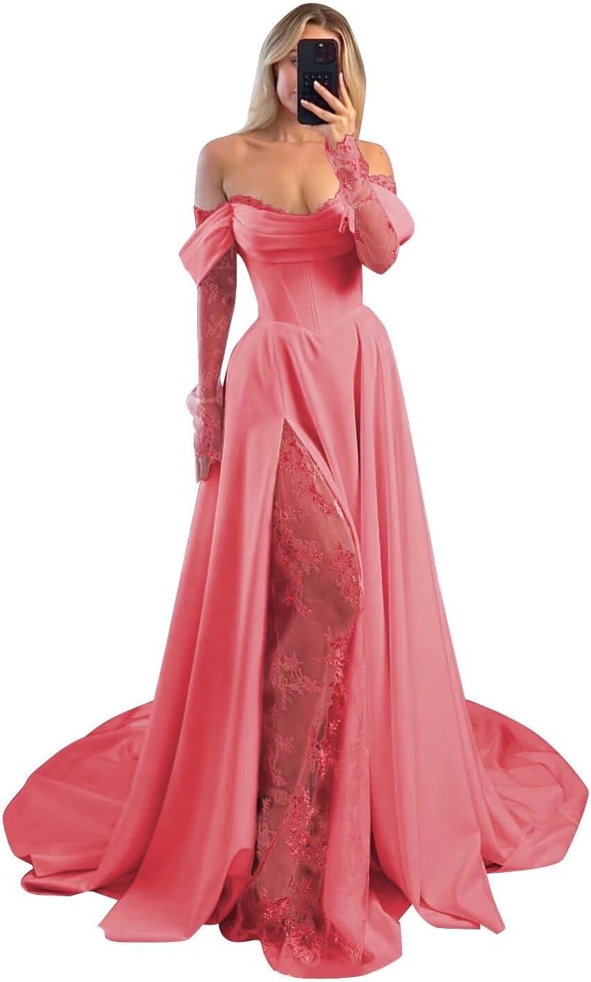 Off Shoulder Satin Wedding Dresses Lace Long Sleeve Prom Dresses Corset A-Line Ball Gowns with Slit