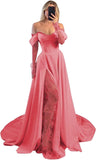 Off Shoulder Satin Wedding Dresses Lace Long Sleeve Prom Dresses Corset A-Line Ball Gowns with Slit
