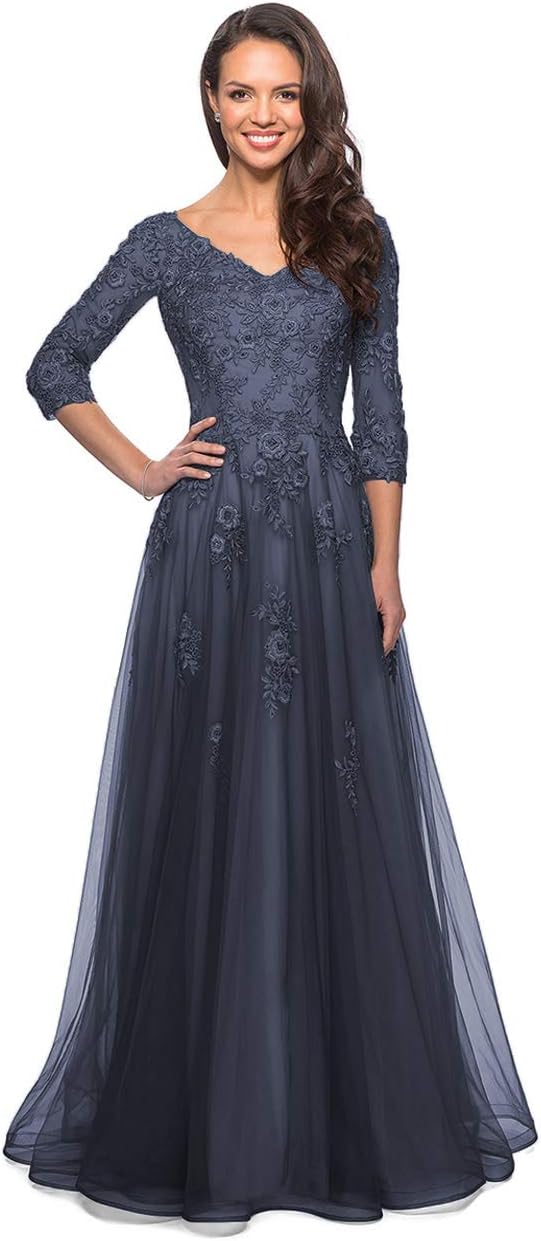 Women's Floral Lace Appliques 3/4 Sleeve Mother of The Bride Dresses Long V Neck Formal Dresses with Pockets