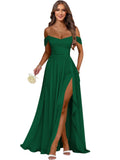 Women's Long Chiffon Bridesmaid Dresses with Slit Off Shoulder A-Line Formal Prom Evening Gown Maxi Wedding Guest Dress
