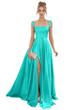 Spaghetti Straps Satin Bridesmaid Dresses for Women Long A-Line Square Neck Formal Evening Party Gown with Slit