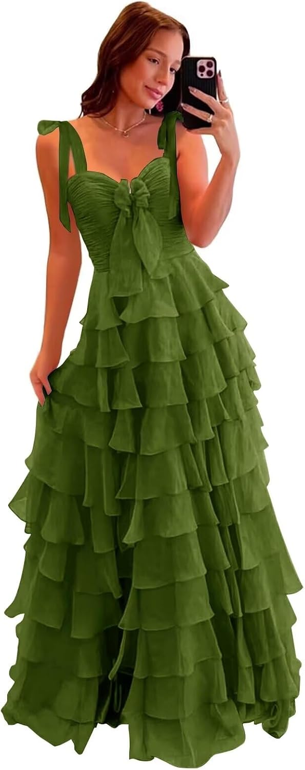 Tiered Prom Dresses with Bow Long A-Line Chiffon Formal Evening Dress for Women Spaghetti Straps Slit Ball Gown