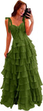 Tiered Prom Dresses with Bow Long A-Line Chiffon Formal Evening Dress for Women Spaghetti Straps Slit Ball Gown