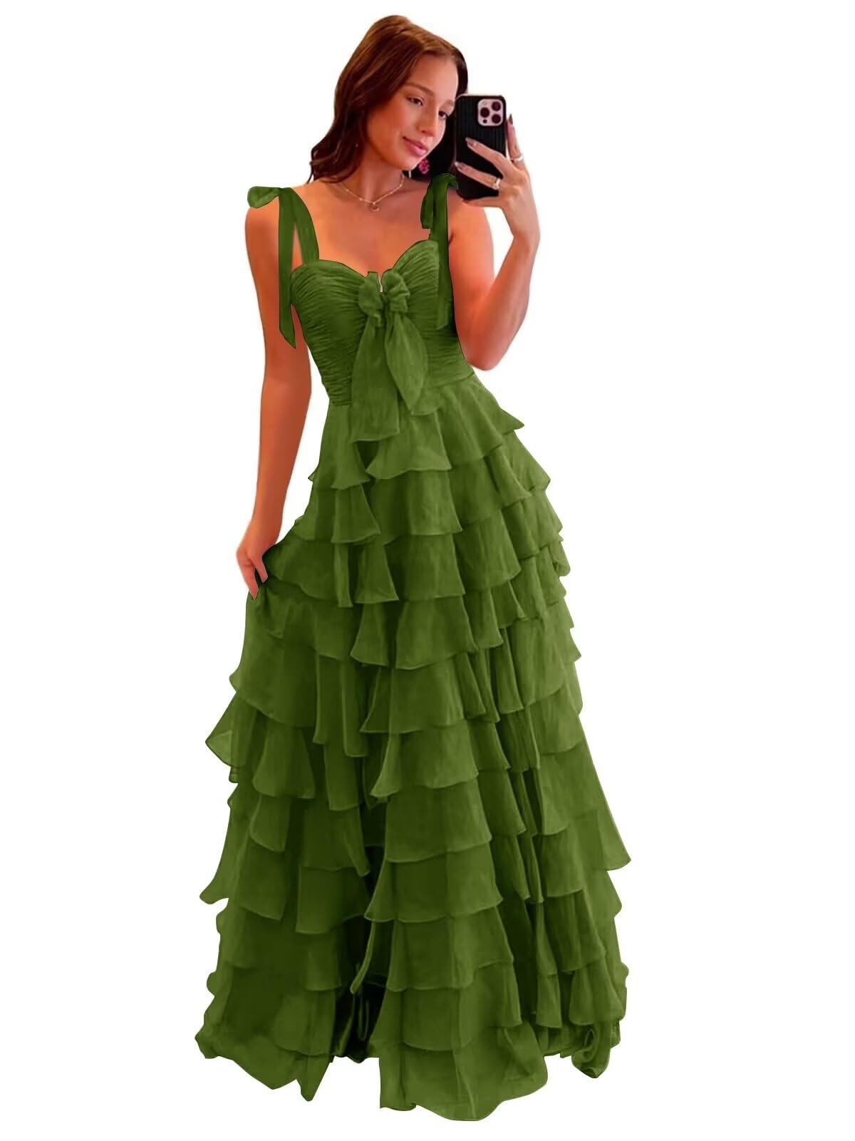 Tiered Prom Dresses with Bow Long A-Line Chiffon Formal Evening Dress for Women Spaghetti Straps Slit Ball Gown