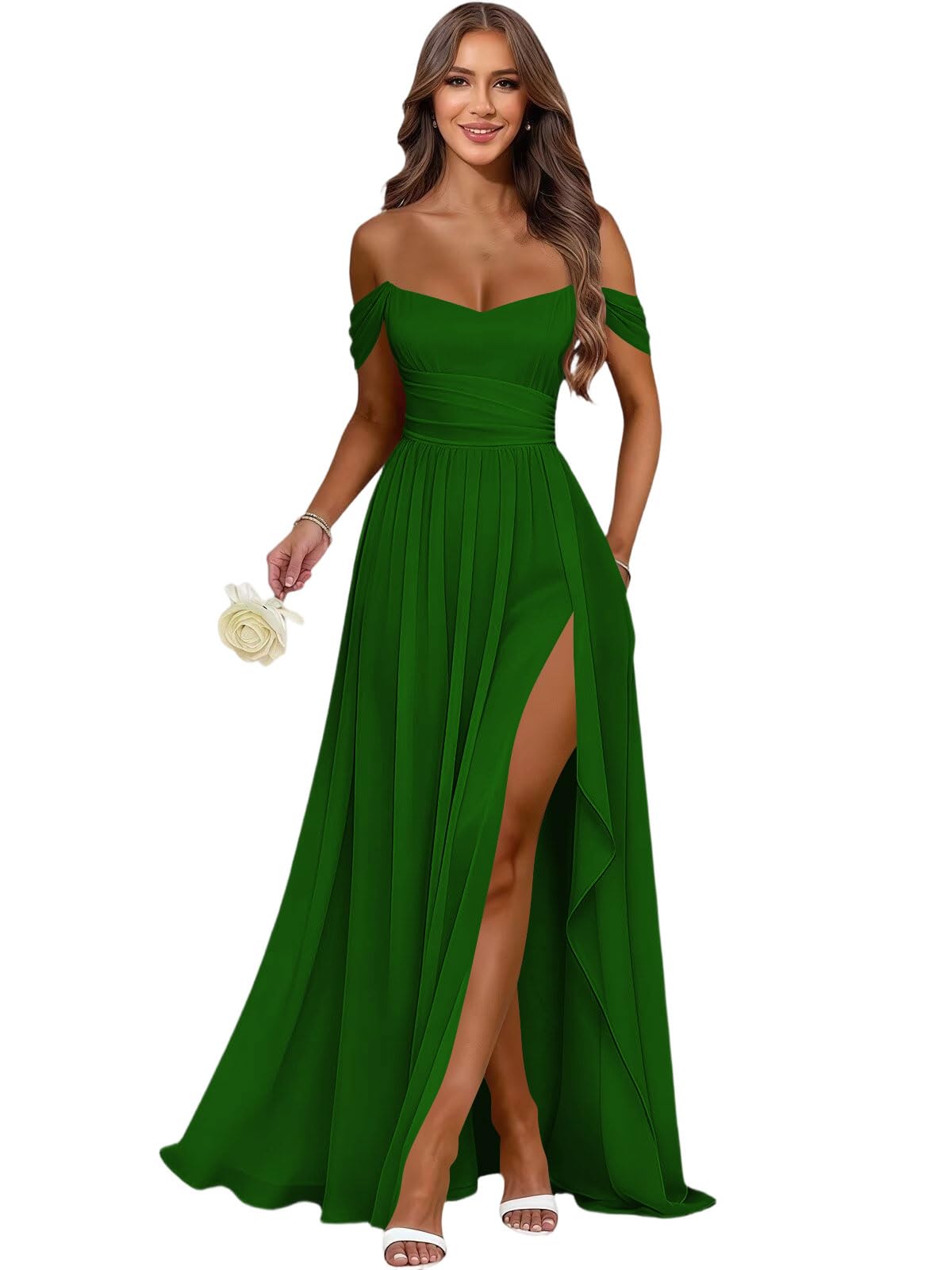 Women's Long Chiffon Bridesmaid Dresses with Slit Off Shoulder A-Line Formal Prom Evening Gown Maxi Wedding Guest Dress