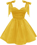 Tulle Short Homecoming Dress for Teens Sparkly Lace DAMA Dresses for Quinceanera Spaghetti Straps Bow Prom Gown