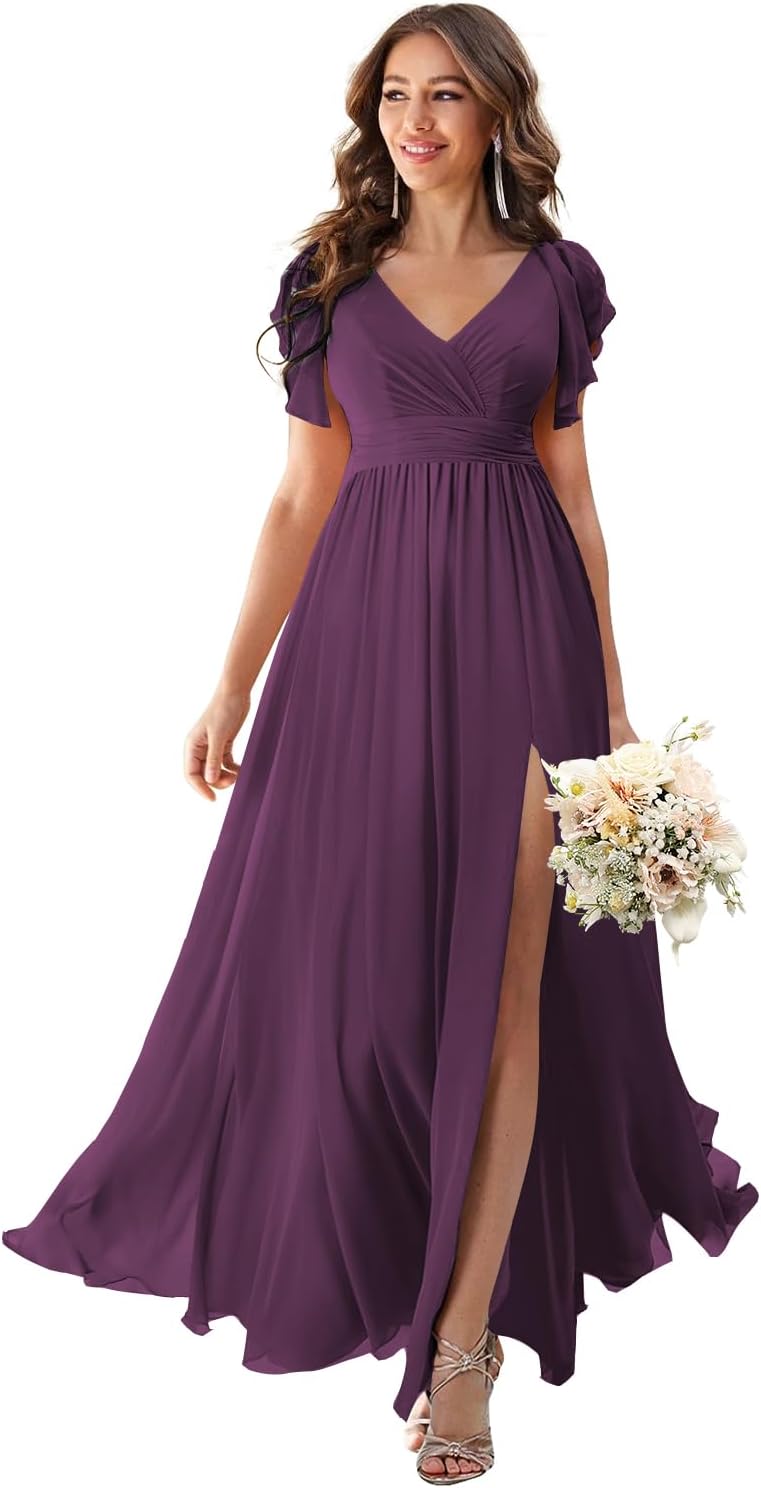 V Neck Flutter Sleeves Bridesmaid Dresses with Slit 2025 Chiffon Aline Pleats Formal Evening Gowns for Women