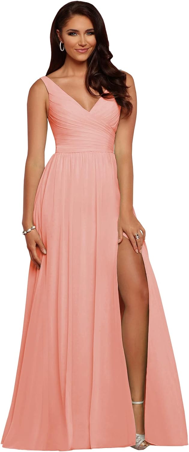 Vestidos de dama de honor largos con escote en V y abertura en gasa, corte A, plisados, para noche, fiesta formal