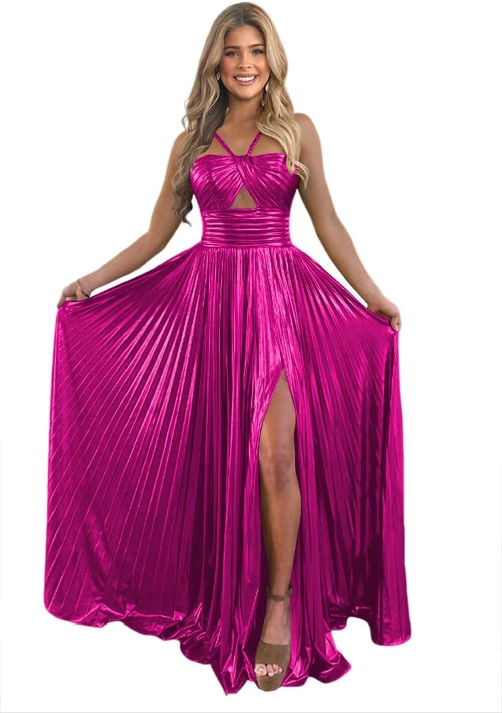 Vestido de fiesta de satén metálico brillante con abertura para mujer, vestido formal de noche plisado con cuello halter 