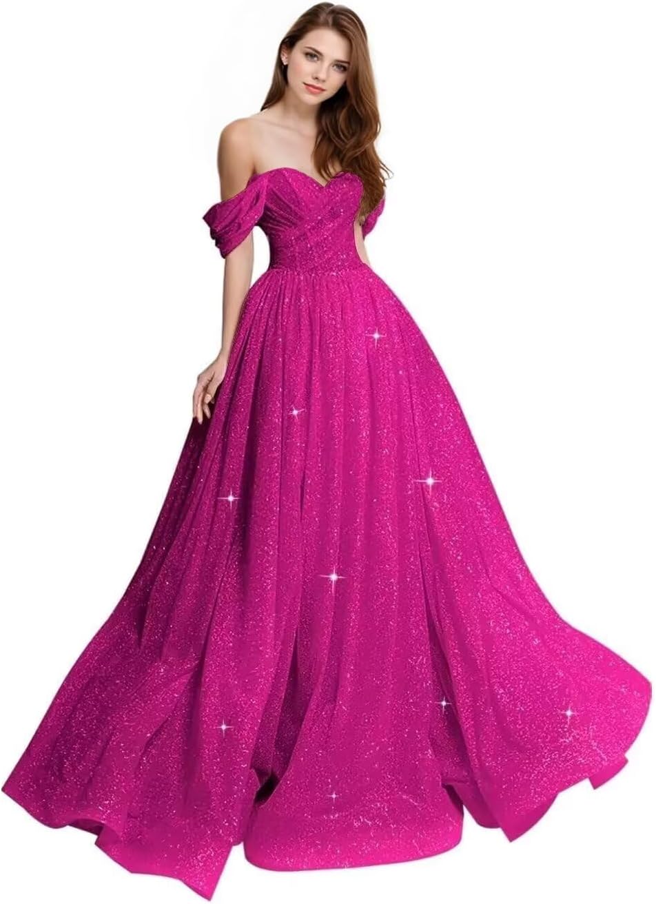 Sparkly Tulle Prom Dress 2026 Off The Shoulder Formal Dresses for Women Glitter A Line Long Ball Gown