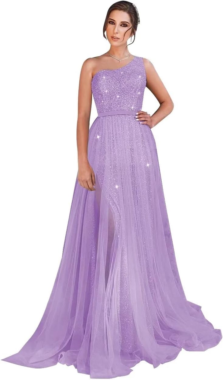 One-Shoulder-Ballkleid mit Pailletten, formelle Kleider für Damen, funkelnde Abendkleider, Tüll-Ballkleid 