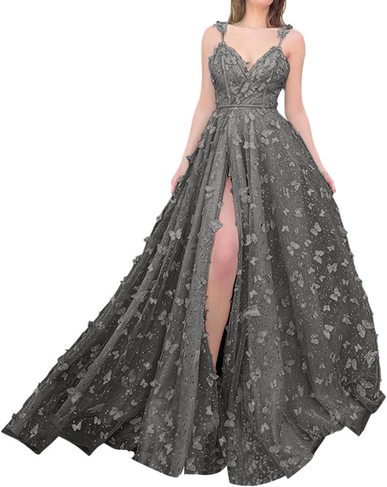 Sparkly Prom Dresses for Teens 2027 3D Butterfly Tulle Spaghetti Straps Long Slit Backless Party Gowns