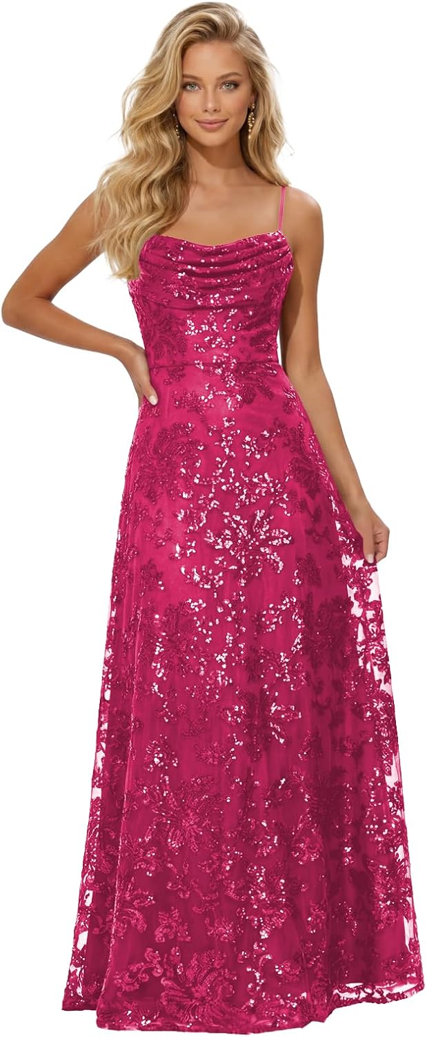 Lace Sequin Prom Dresses Spaghetti Straps A-Line Cowl Neck Pleated Sparkly Long Formal Evening Party Gowns