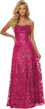 Lace Sequin Prom Dresses Spaghetti Straps A-Line Cowl Neck Pleated Sparkly Long Formal Evening Party Gowns