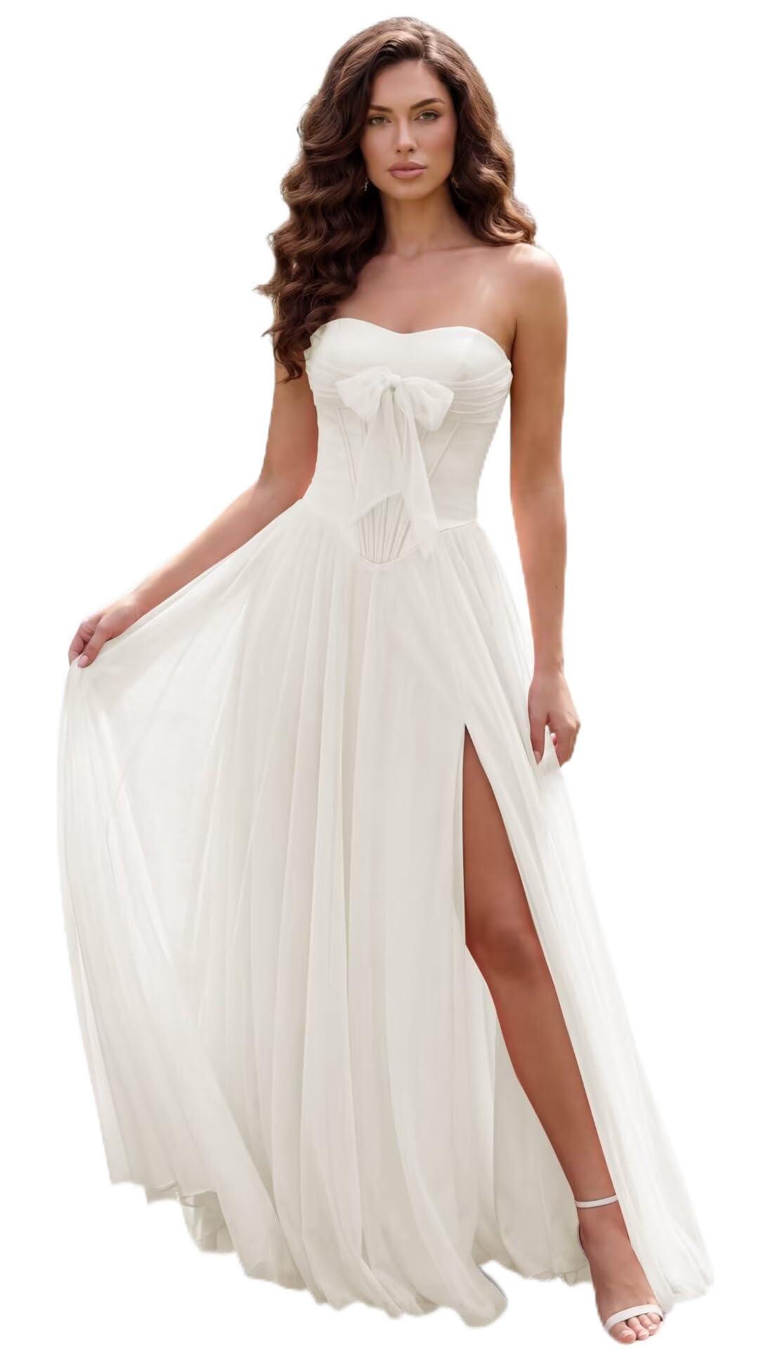 Strapless Chiffon Bow Prom Dresses 2026 Corset Chiffon Pleated A Line Formal Dress