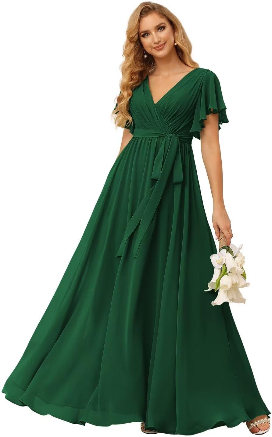 Damen Brautjungfernkleider mit Flatterärmeln, lang, mit Taschen, V-Ausschnitt, Chiffon, formelle Kleider 