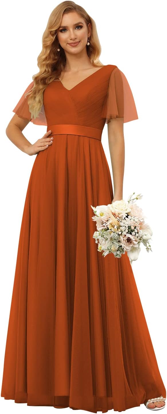 Damen Brautjungfernkleider mit Flatterärmeln, Tüll, lang, V-Ausschnitt, Empire-Taille, formelles Kleid 