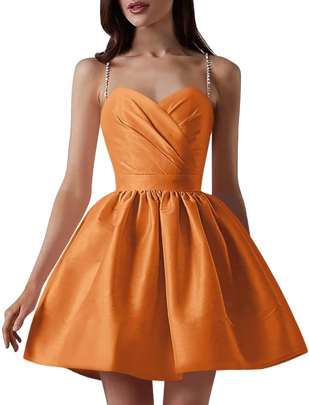 Satin Homecoming Dresses for Teens Spaghetti Straps Short Prom Dress A-Line Cocktail Wedding Guest Dress