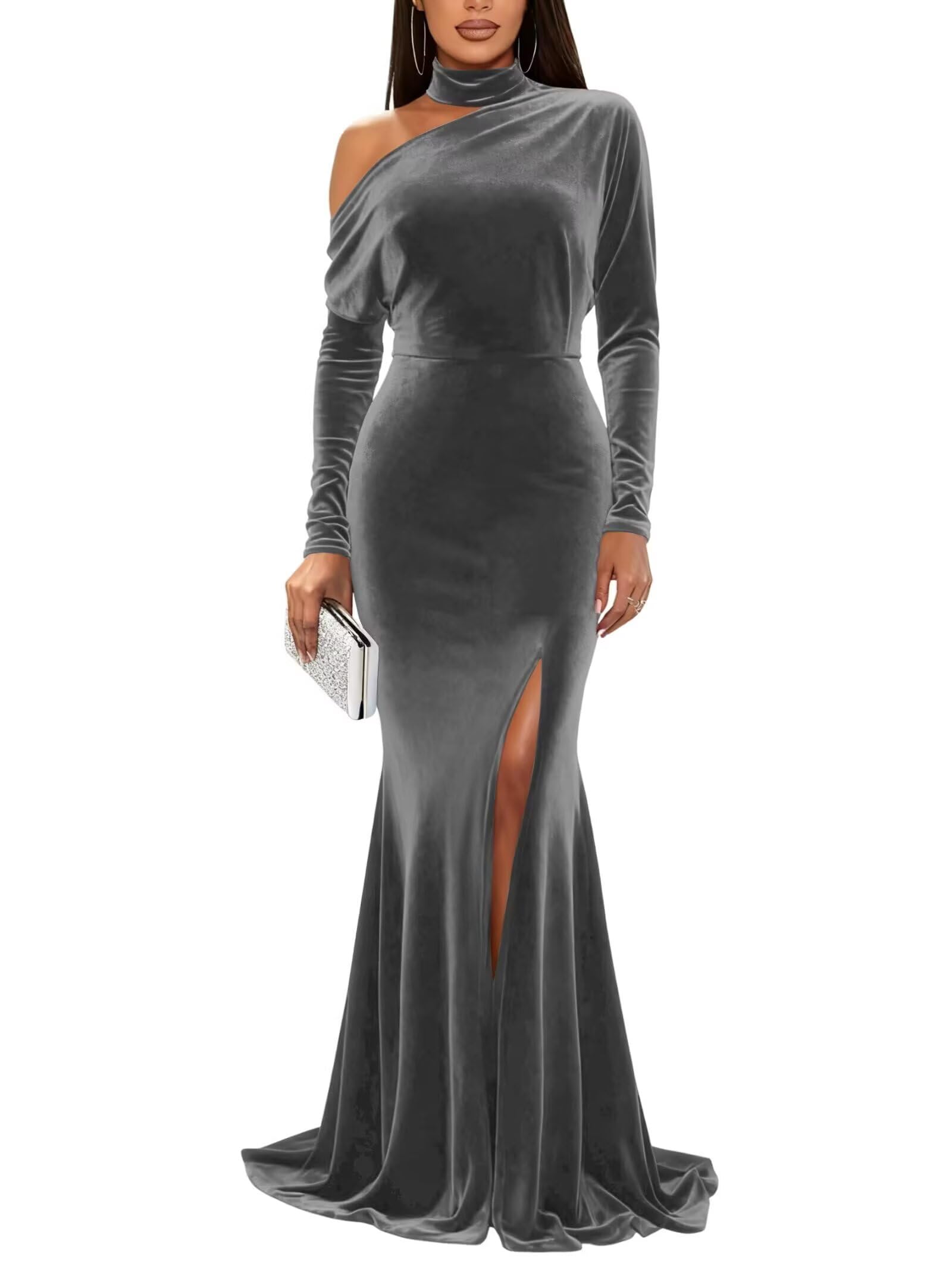 Mermaid Velvet Prom Dresses with Slit 2027 Long Sleeve Formal Dress for Women One Shoulder Evening Party Gowns