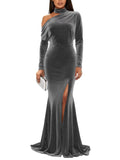 Mermaid Velvet Prom Dresses with Slit 2027 Long Sleeve Formal Dress for Women One Shoulder Evening Party Gowns