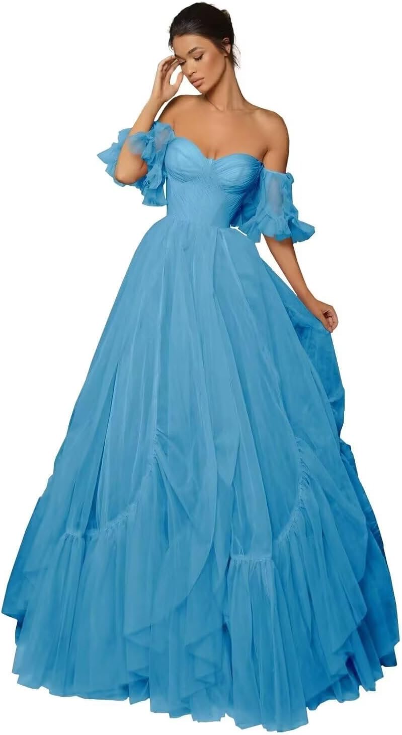 A-line Ruffled Short Sleeve Tulle Prom Dress for Women, Sweetheart Formal Gown Off The Shoulder Long Party Dress