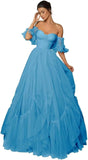 A-line Ruffled Short Sleeve Tulle Prom Dress for Women, Sweetheart Formal Gown Off The Shoulder Long Party Dress