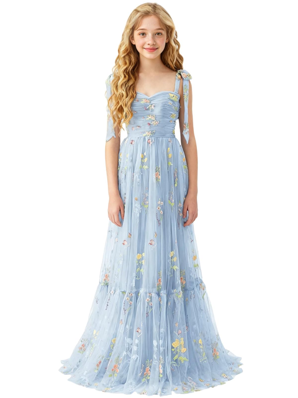 Floral Embroidered Tulle Flower Girl Dress Sweetheart Junior Bridesmaid Dresses Tiered Ruffled Formal Party Prom Gown