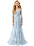 Floral Embroidered Tulle Flower Girl Dress Sweetheart Junior Bridesmaid Dresses Tiered Ruffled Formal Party Prom Gown