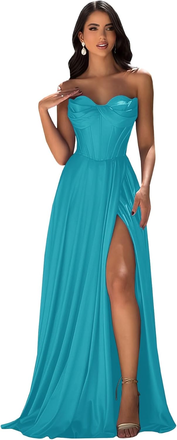 Strapless Prom Dress with Slit Satin A Line Long Ball Gowns for Women Sweetheart Corset Formal Dress with Pockets