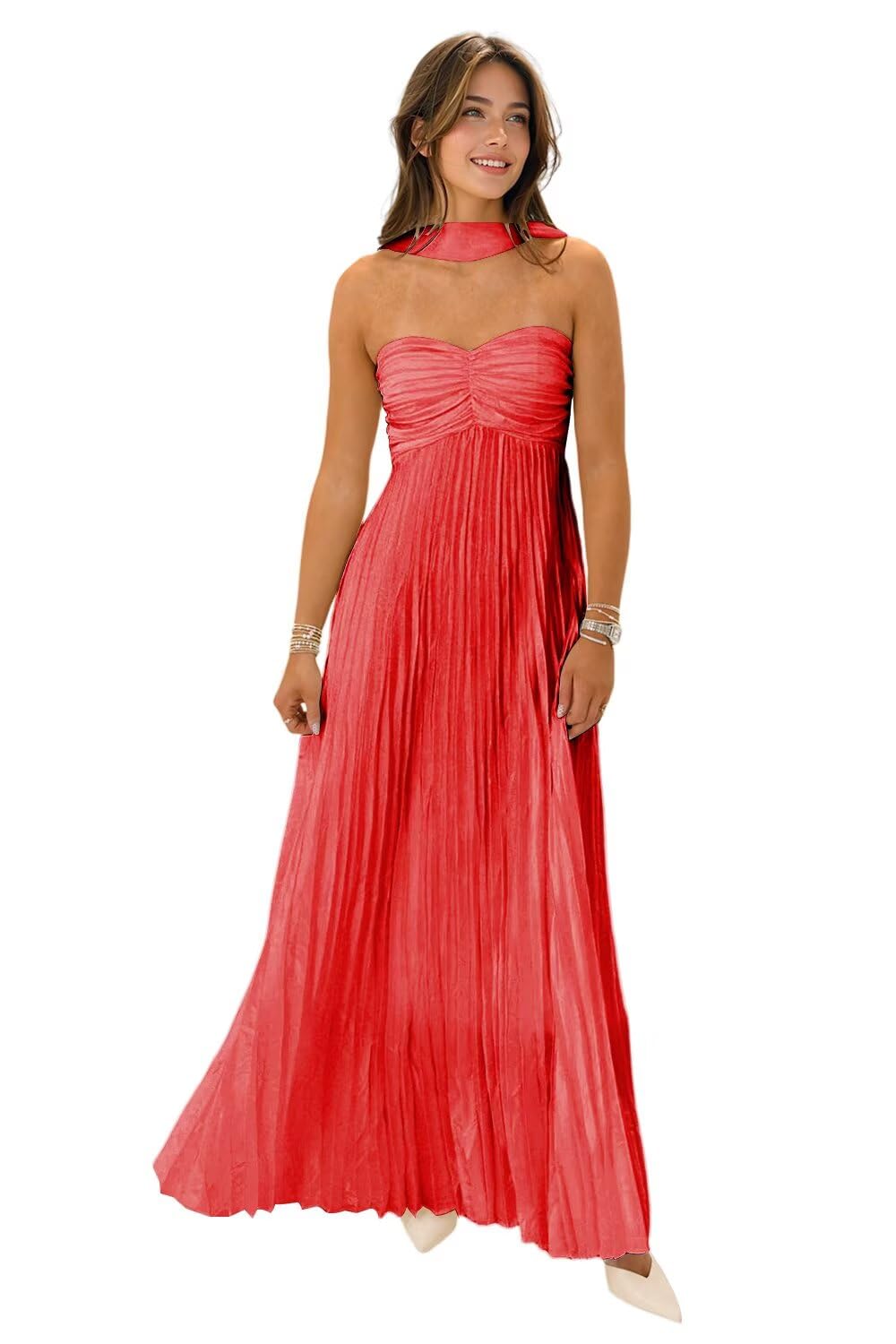 Flowy Chiffon Bridesmaid Prom Dress with Scarf Strapless Pleated Formal Evening Dresses