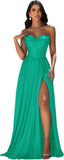 Strapless Prom Dress with Slit Satin A Line Long Ball Gowns for Women Sweetheart Corset Formal Dress with Pockets