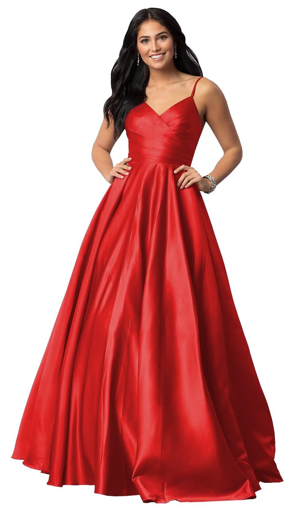 Spaghetti Straps Satin Prom Dresses for Women Long with Pockets Pleated Formal Evening Gowns Ball Gown