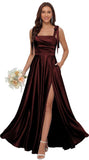 Satin Bridesmaid Dresses with Slit Spaghetti Straps Square Neck Long Formal Dress