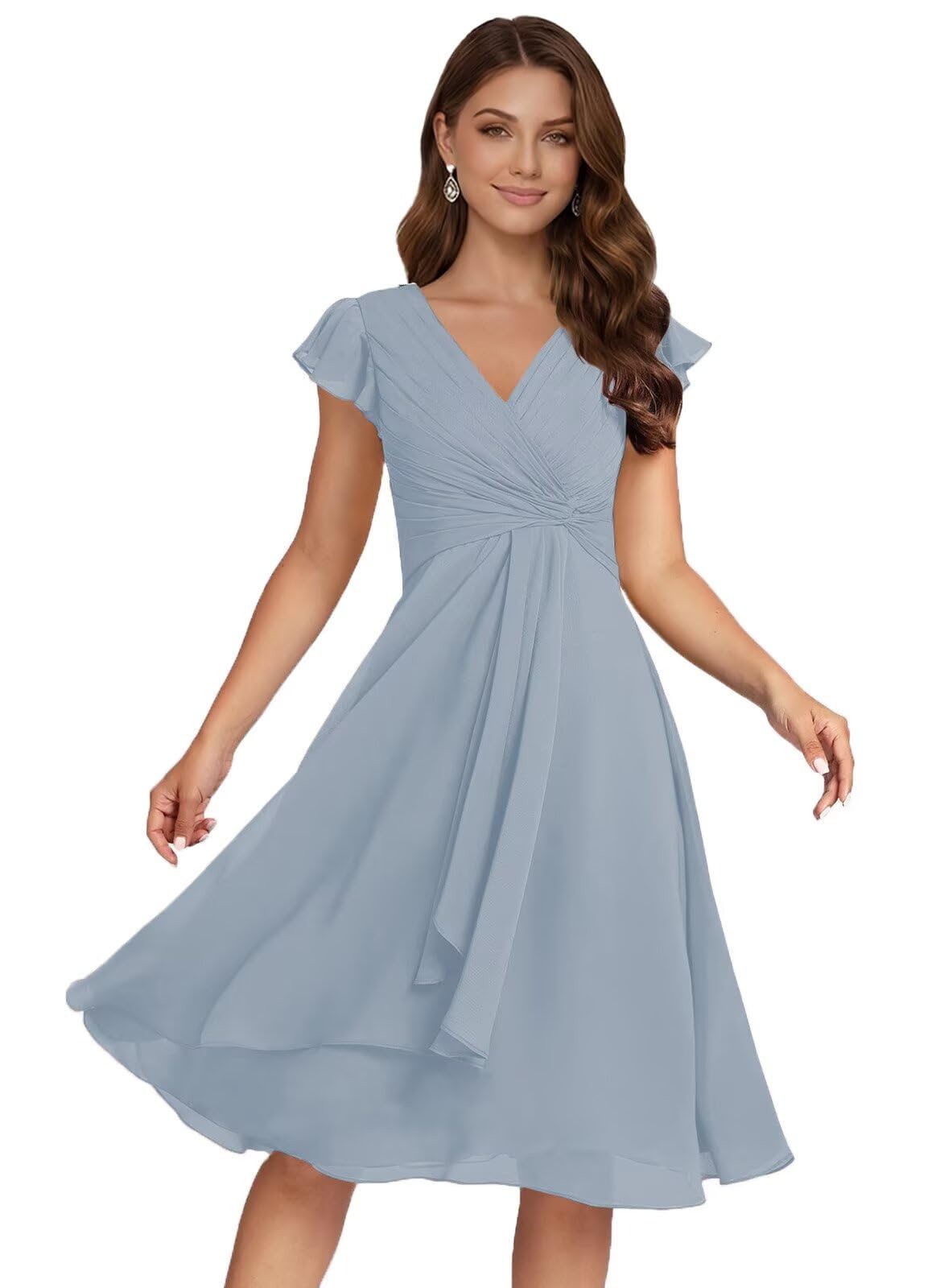 Short Chiffon Bridesmaid Dresses for Women V Neck Flutter Sleeves Ruffle Formal Cocktail Gowns with Pockets