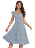 Short Chiffon Bridesmaid Dresses for Women V Neck Flutter Sleeves Ruffle Formal Cocktail Gowns with Pockets