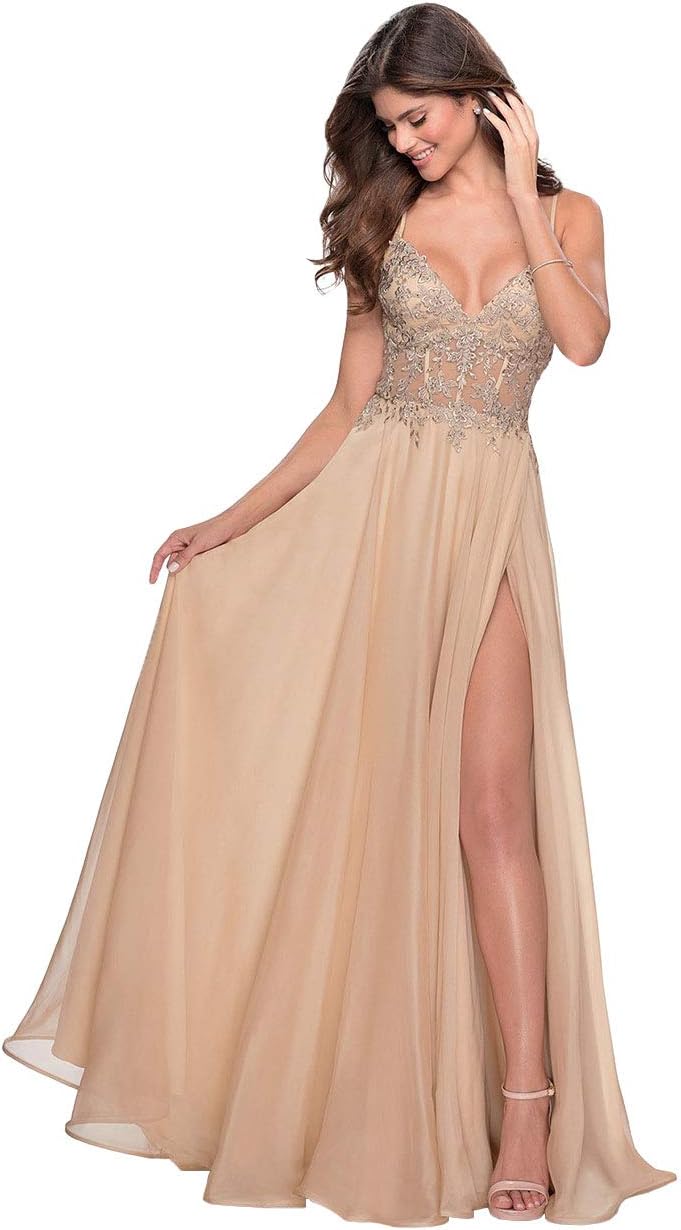 Women's Lace Appliqued Chiffon Prom Dresses Long with Slit Spaghetti Straps V Neck Formal Party Gowns