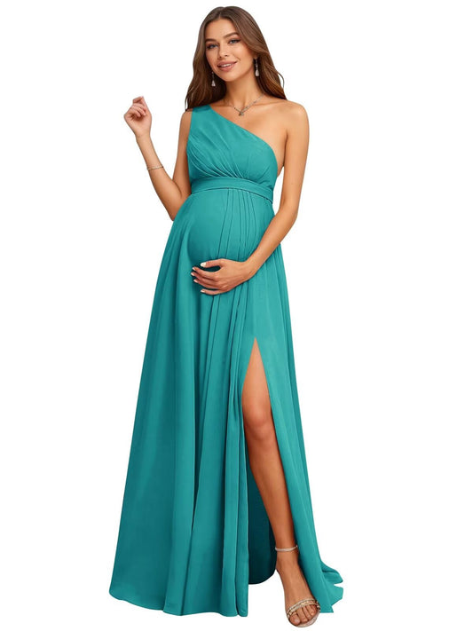 One Shoulder Maternity Dress for Photoshoot 2026 Chiffon Baby Shower Dress A-Line Pleated Pregnancy Maxi Gown