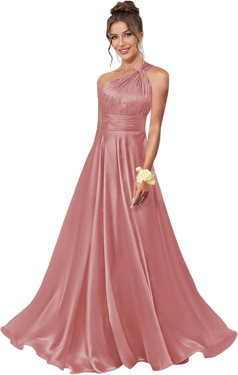 One Shoulder Bridesmaid Dresses for Women Satin Pleated A Line Long Formal Prom Dress with Pockets