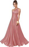 One Shoulder Bridesmaid Dresses for Women Satin Pleated A Line Long Formal Prom Dress with Pockets