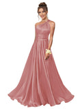 One Shoulder Bridesmaid Dresses for Women Satin Pleated A Line Long Formal Prom Dress with Pockets