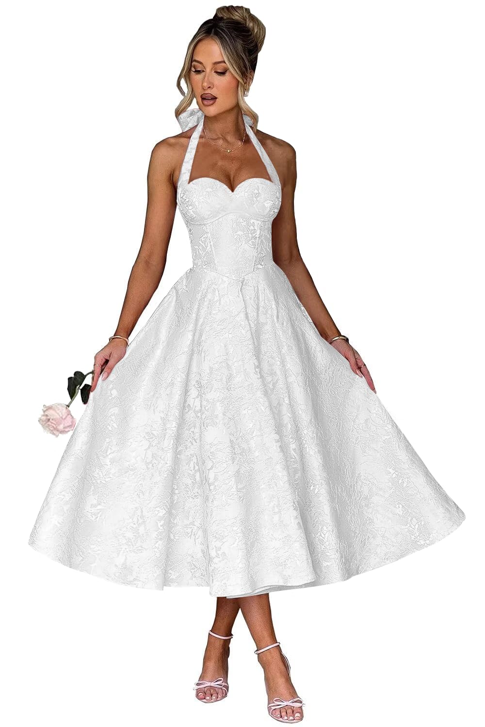 Jacquard Satin Prom Dresses for Women Vintage A-Line Midi Halter Sweetheart Formal Evening Party Gowns with Pockets