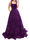 Prom Dresses Long A Line with Pockets Formal Evening Ball Gowns Velvet Velvet Sequins Black Tie Wedding Party Dress