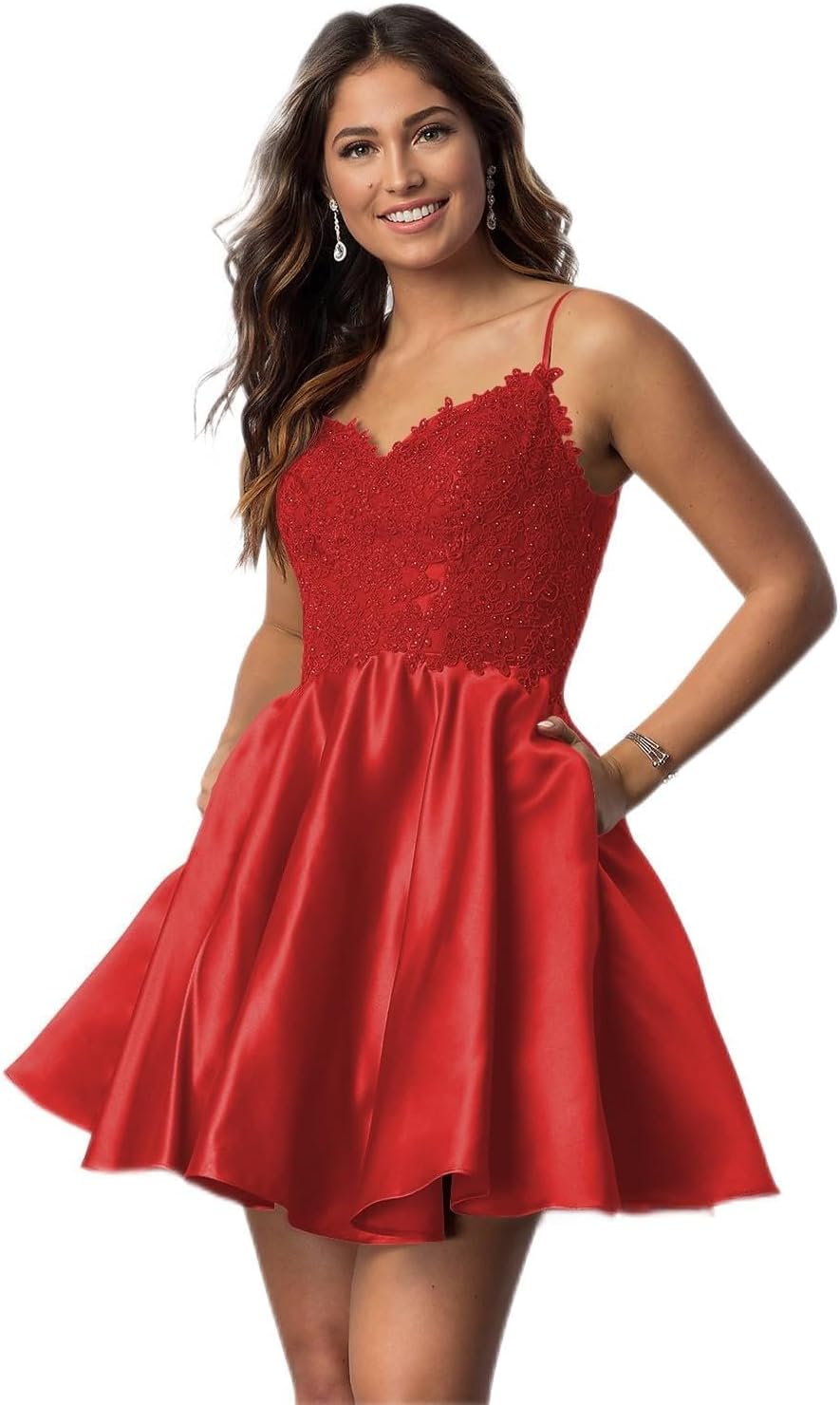 Vestidos cortos de fiesta con tirantes finos para jóvenes, con encaje, escote en V y bolsillos.