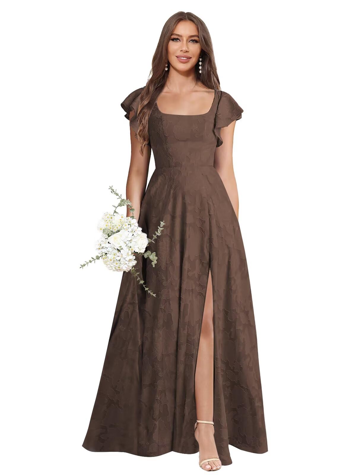Floral Bridesmaid Dresses for Women Long A-Line Square Neck Lace Formal Evening Gown with Sleeves Slit