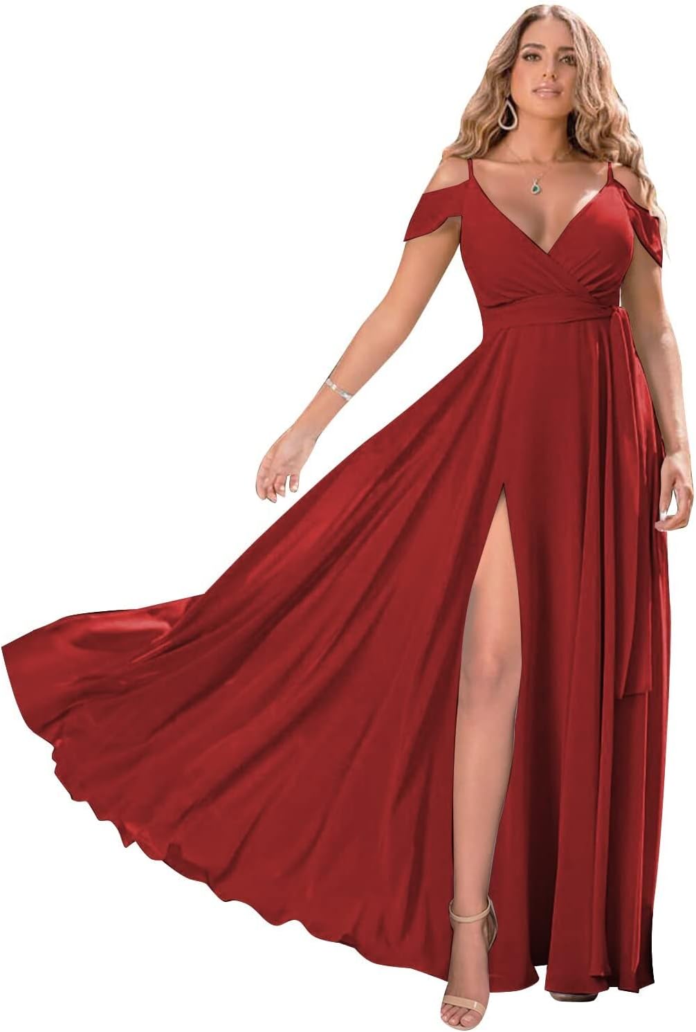 Schulterfreie Brautjungfernkleider 2025 für Frauen, langes Chiffon-Abendkleid mit V-Ausschnitt und Schlitz