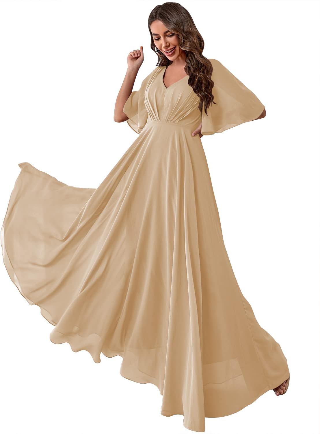 Women's Batwing Sleeve Chiffon Bridesmaid Dresses with Pockets V Neck Long Formal Evening Dress