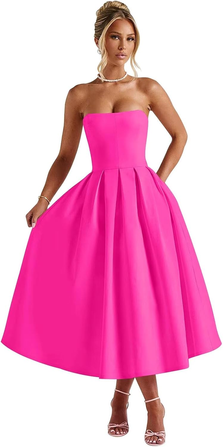 Strapless Satin Tea Length Prom Dresses for Women 2027 A-Line Corset Backless Cocktail Bridesmaid Dress with Pocket