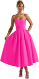Strapless Satin Tea Length Prom Dresses for Women 2027 A-Line Corset Backless Cocktail Bridesmaid Dress with Pocket