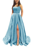 Kingbridal Gowns Spaghetti Straps Prom Dresses Long for Women 2026 A Line Sequin Satin Formal Evening Party Ball Gowns with Slit
